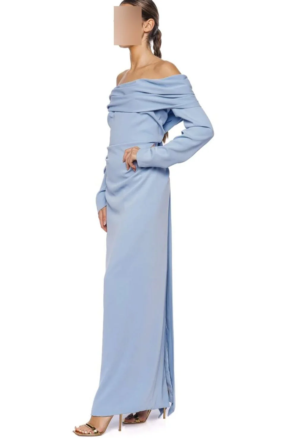 Blue Long Sleeve Draped Crepe Gown - Image 2