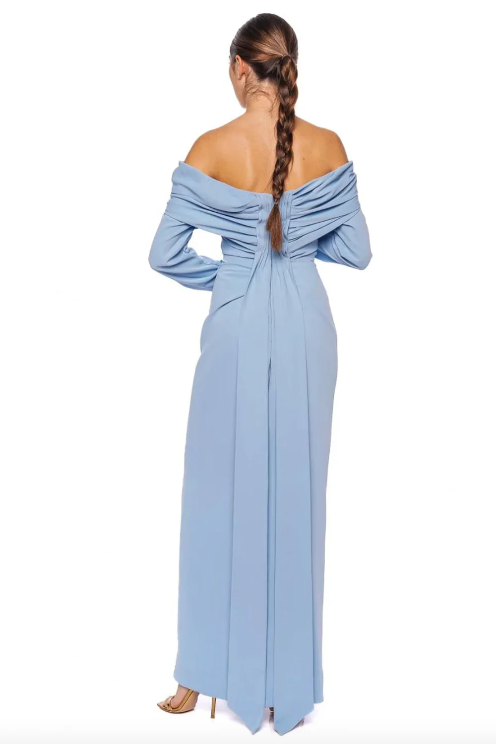 Blue Long Sleeve Draped Crepe Gown - Image 3