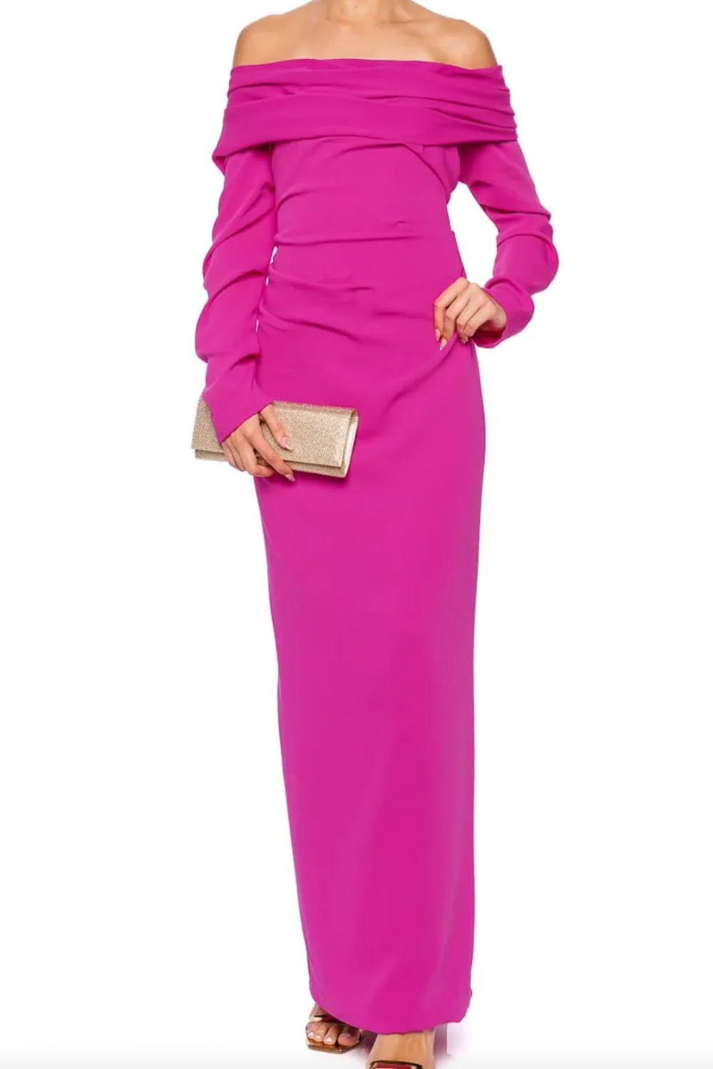 Fuchsia Long Sleeve Draped Crepe Gown