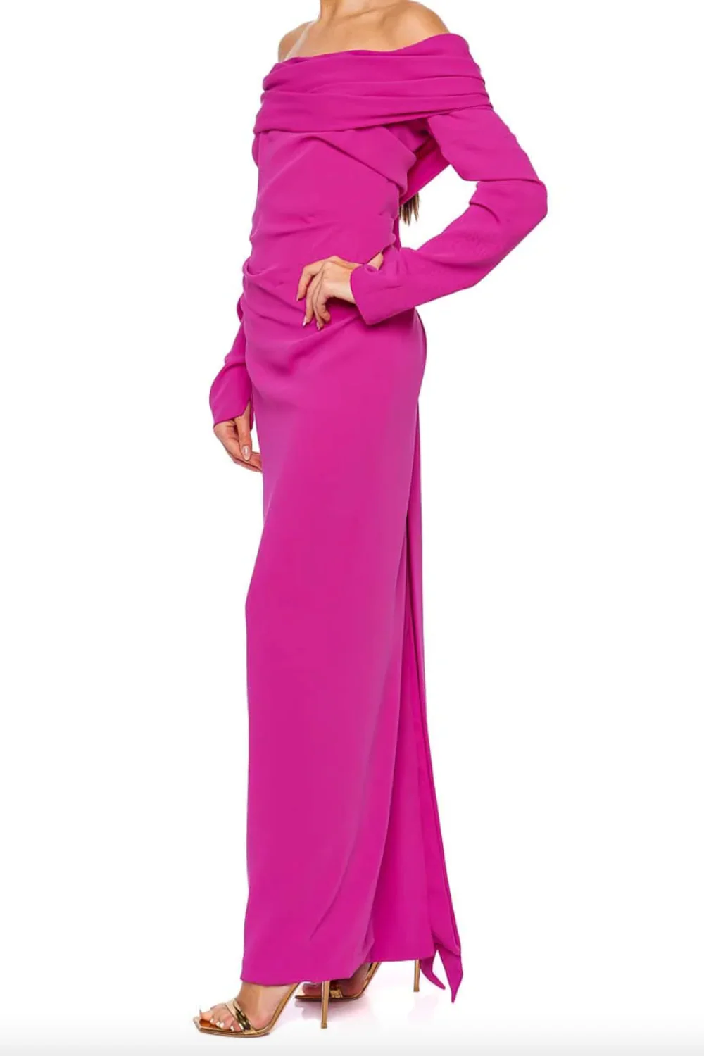 Fuchsia Long Sleeve Draped Crepe Gown - Image 2