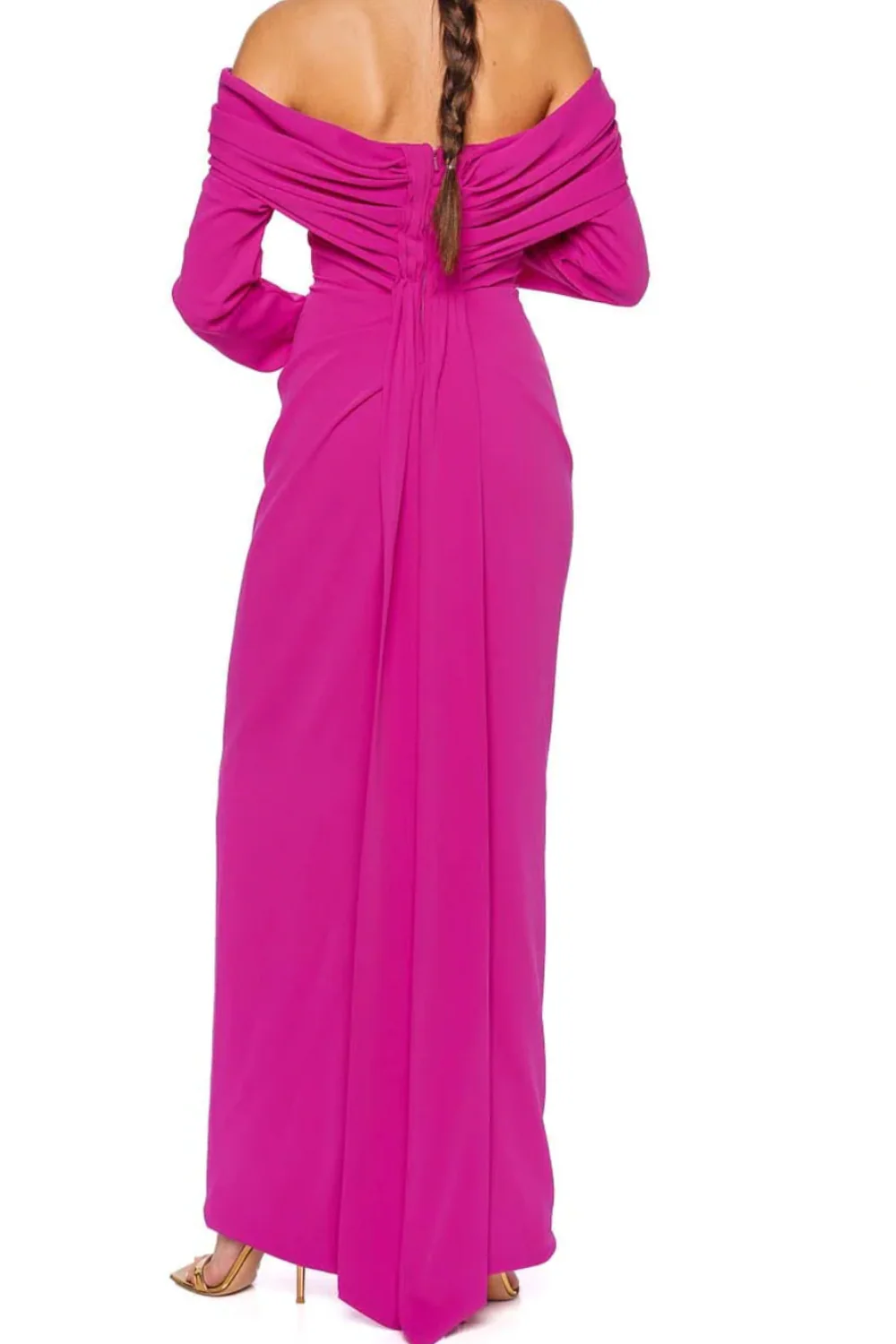 Fuchsia Long Sleeve Draped Crepe Gown - Image 3