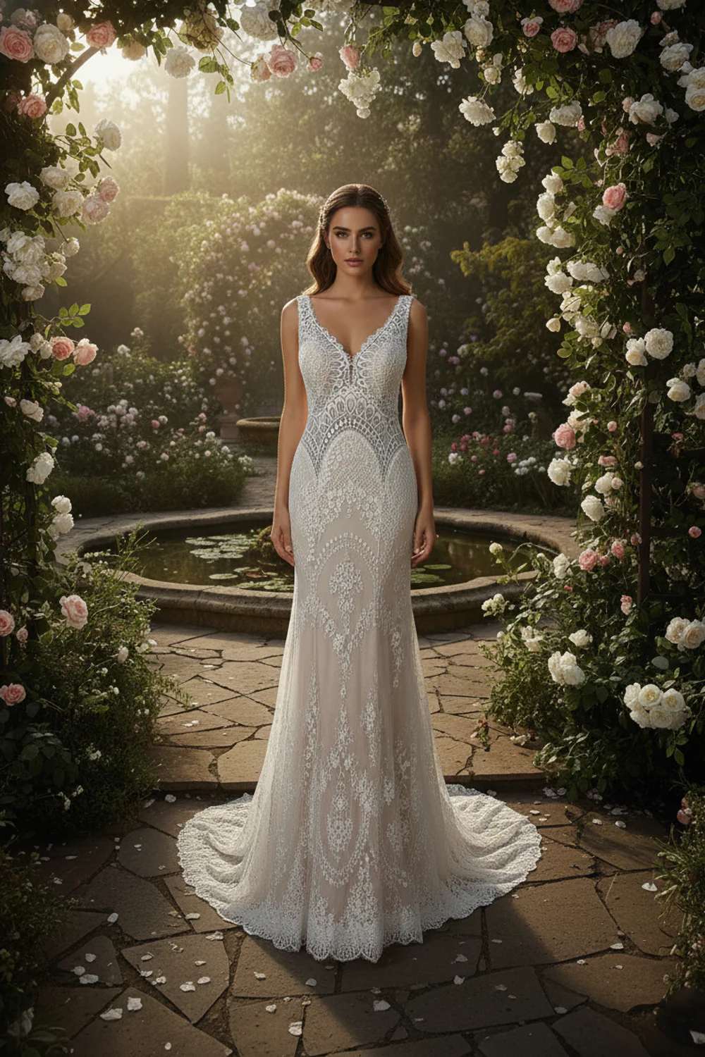 Geometric Floral Lace Mermaid Gown - Image 2