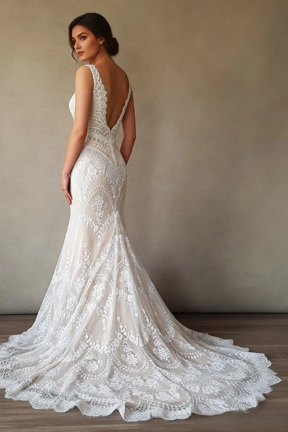 Geometric Floral Lace Mermaid Gown - Image 3