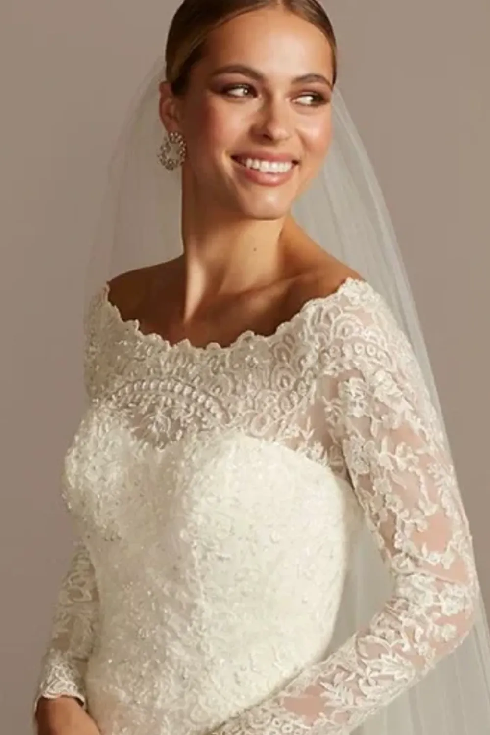 Lace Off Shoulder Long Sleeve A-Line Ivory Dress