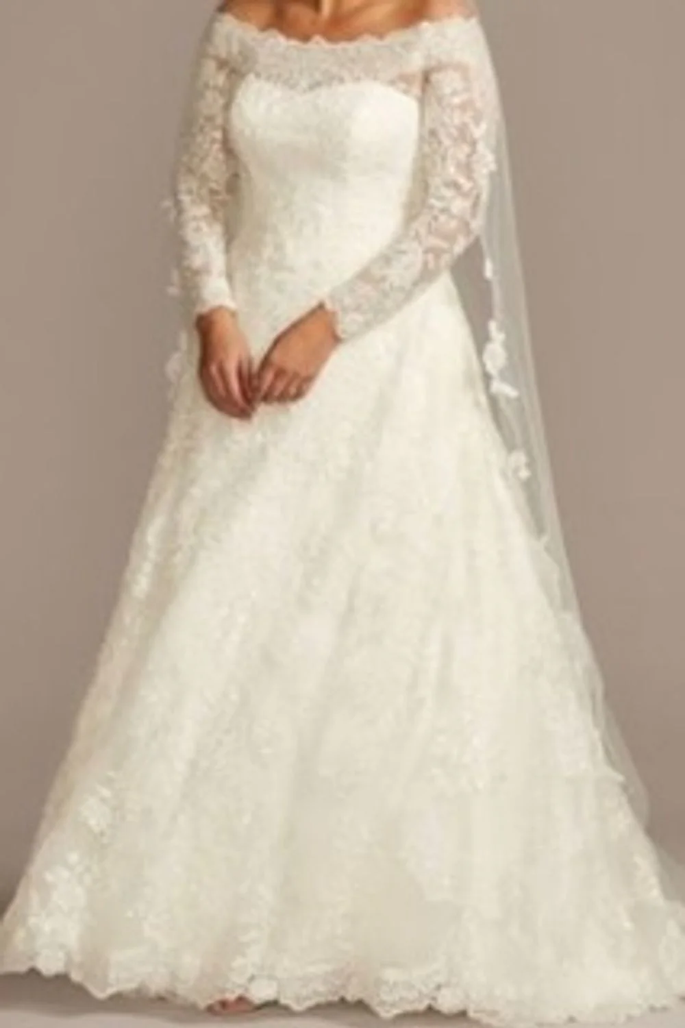 Lace Off Shoulder Long Sleeve A-Line Ivory Dress - Image 5