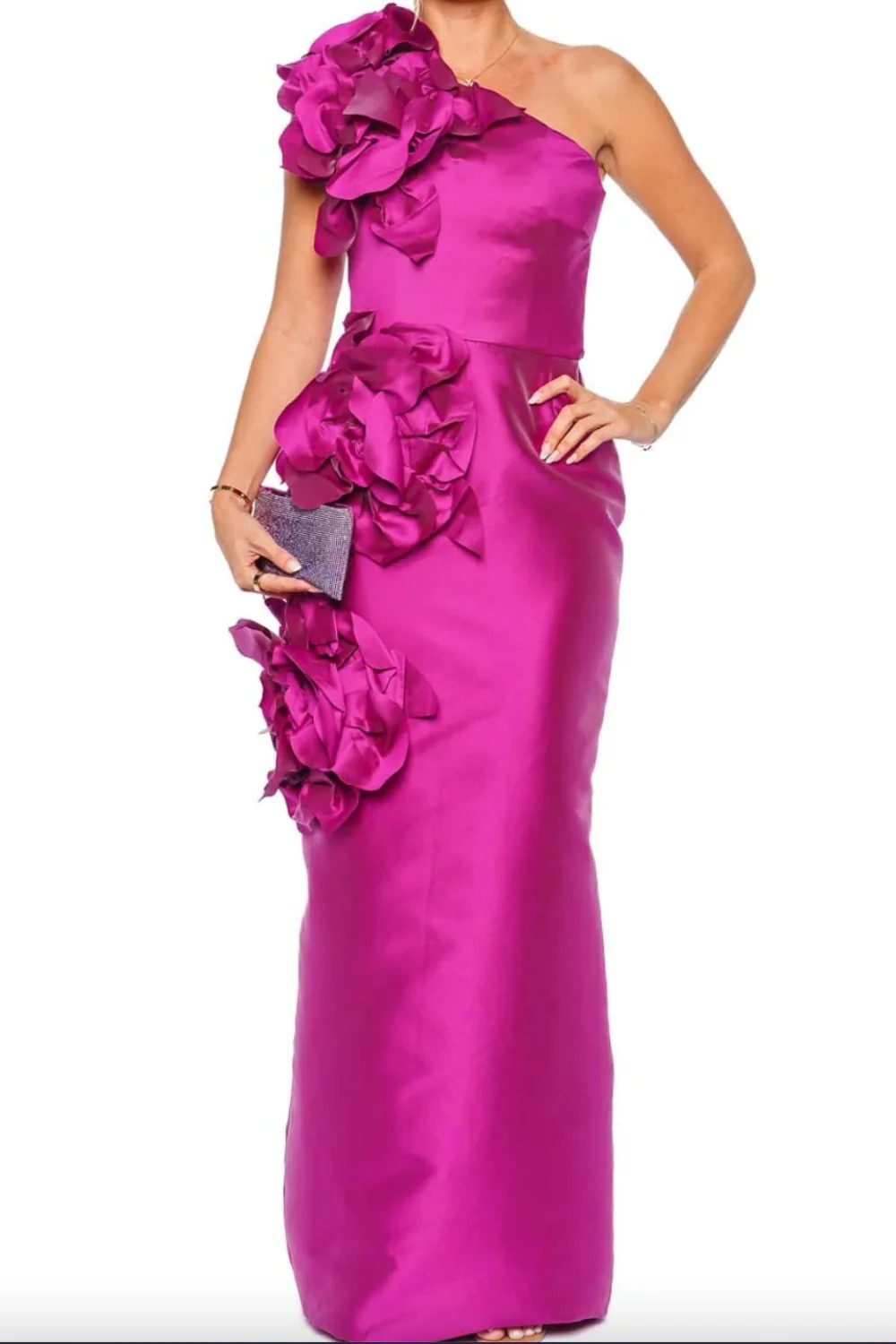 RASPBERRY ONE SHOULDER MAGNOLIA FLOWER GOWN