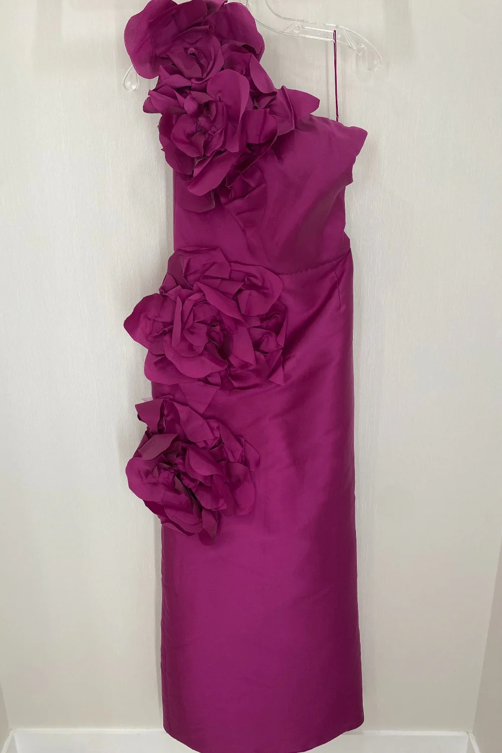 RASPBERRY ONE SHOULDER MAGNOLIA FLOWER GOWN - Image 3