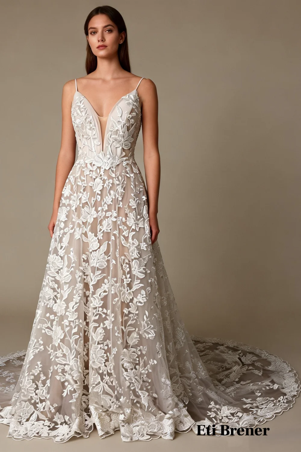 Romantic Lace Bridal Gown with Long Train Size 8