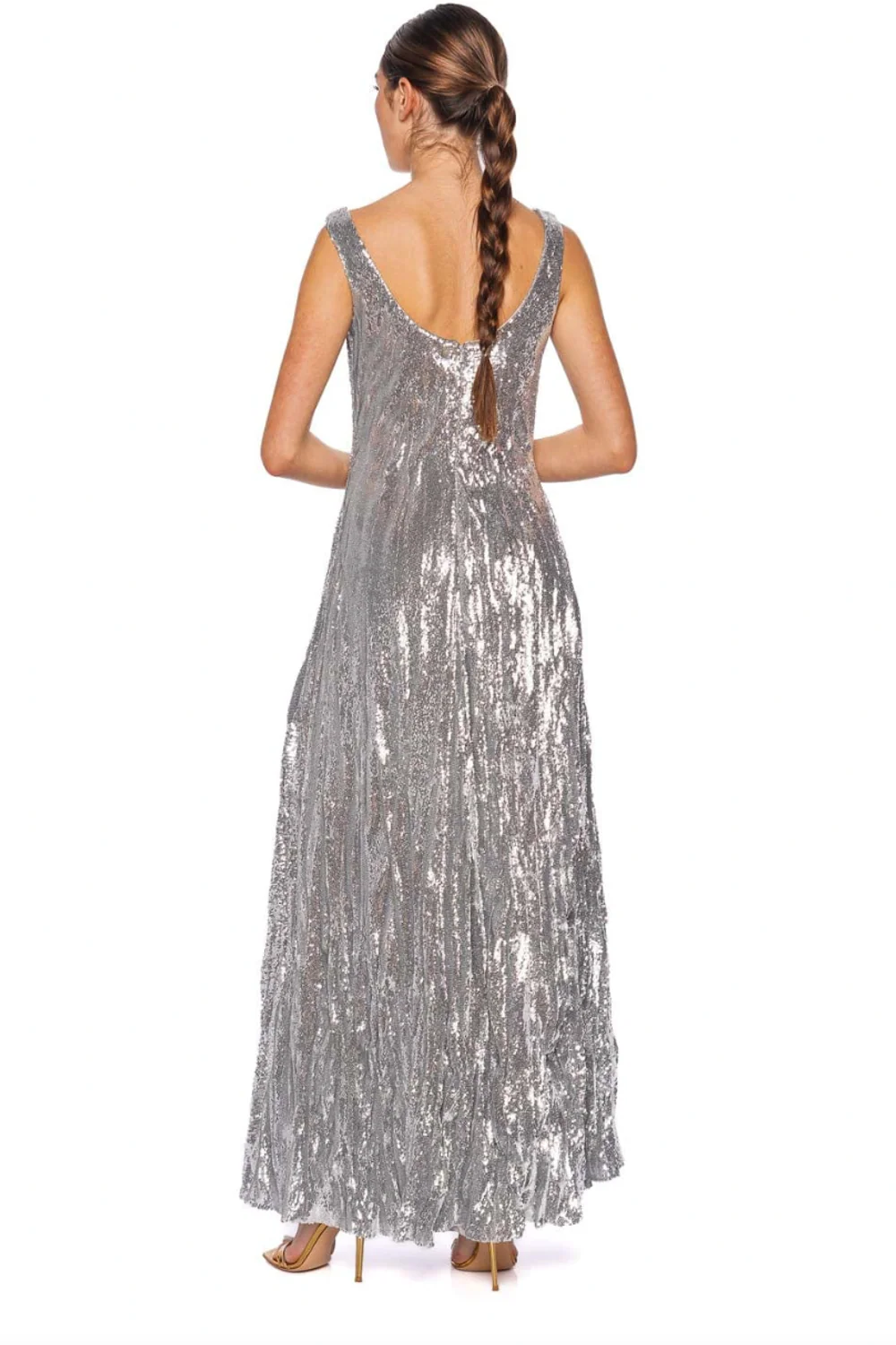 Silver Sequin Crinkled Silk Gown - Image 3