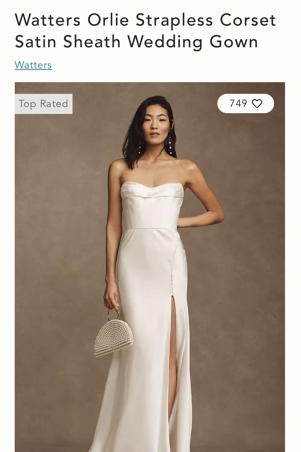 Watters Orlie Strapless Satin Sheath Wedding Gown